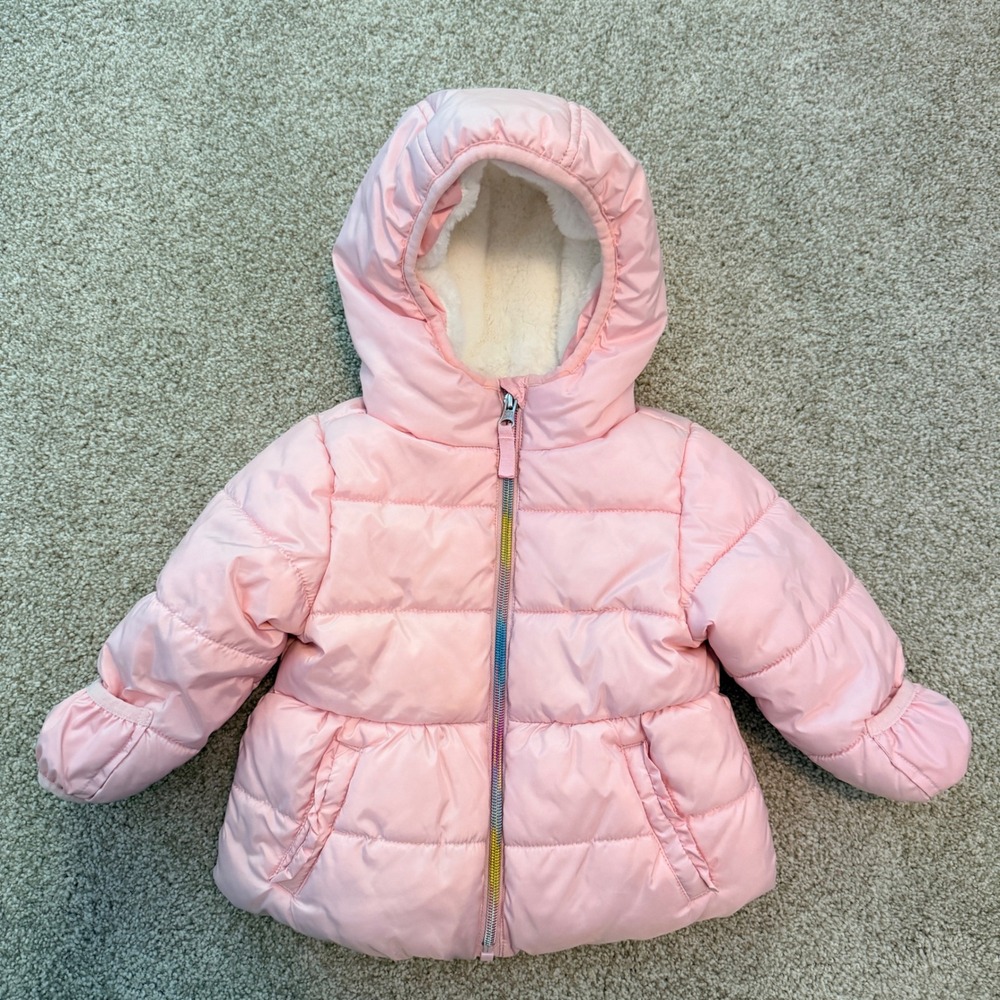 Wonder Nation Puffer Jacket Baby Girl 12M Polar Pink Rainbow Zip Fleece Lined